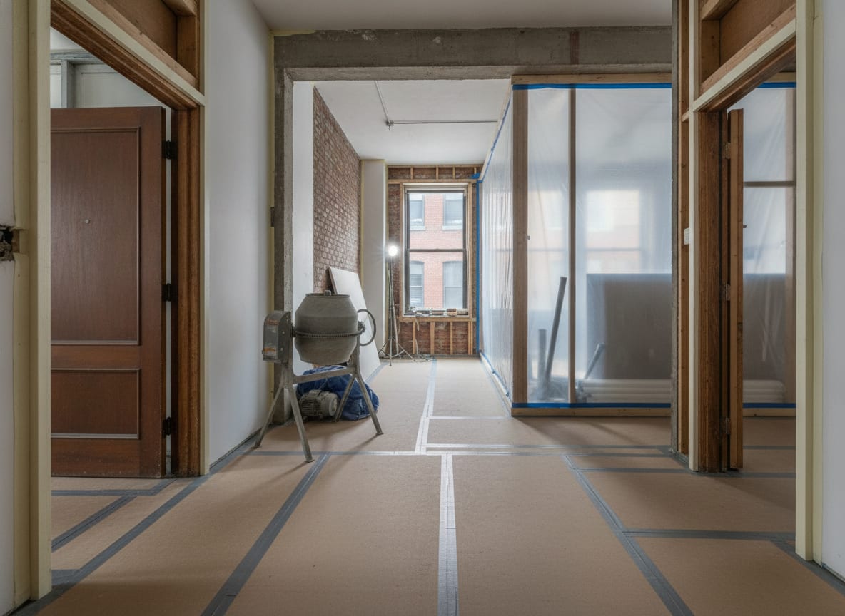 Hardboard floor protection taped at the joints running from a front door, with a sealed barrier further in