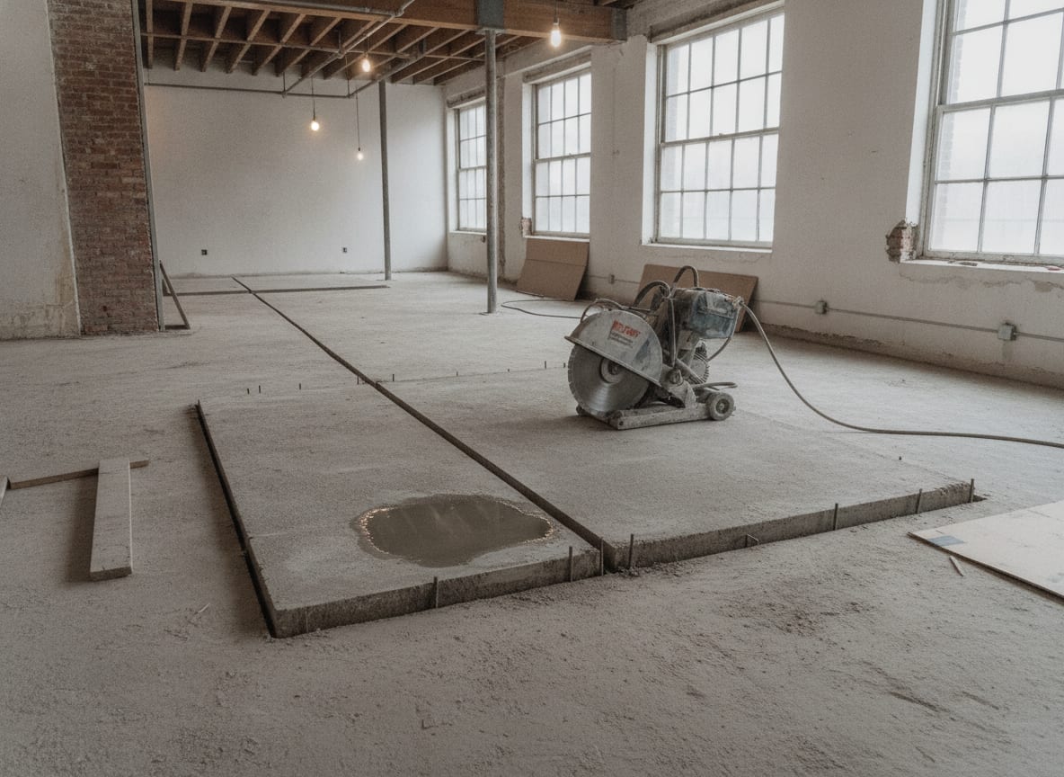 A straight saw cut through a concrete floor slab with water pooled along the cut line