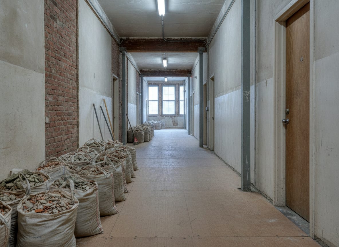 Construction debris bagged and stacked on floor protection along a building corridor