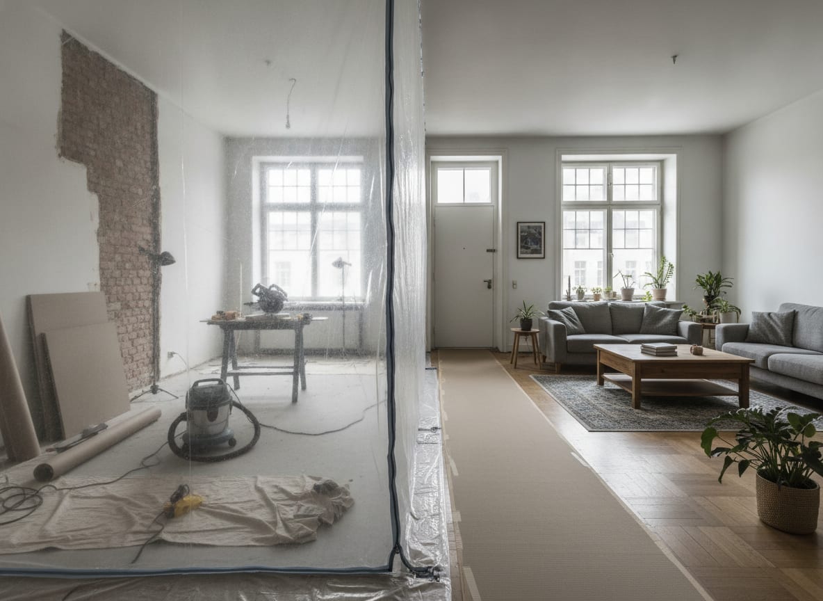 Zipped dust barrier sealing a doorway with floor protection running through to the entrance