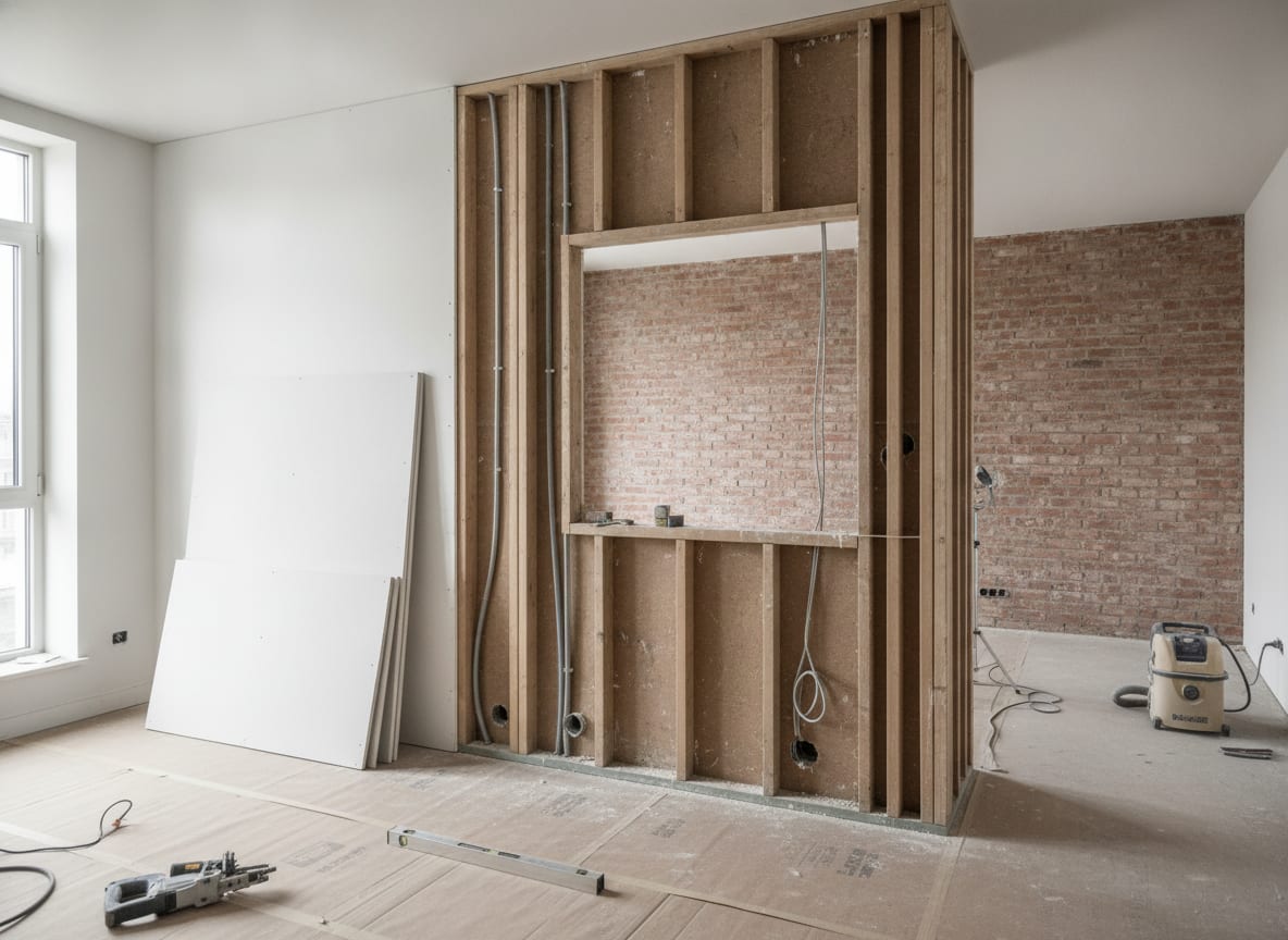 Non-structural partition wall opened up to expose studs inside an apartment