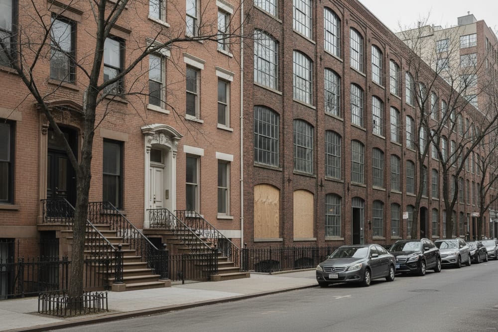 A side street mixing brownstones with converted brick loft buildings