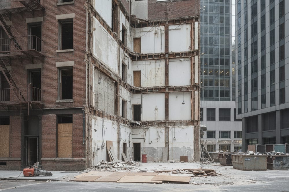 A partly demolished low-rise brick building standing beside a modern glass tower downtown