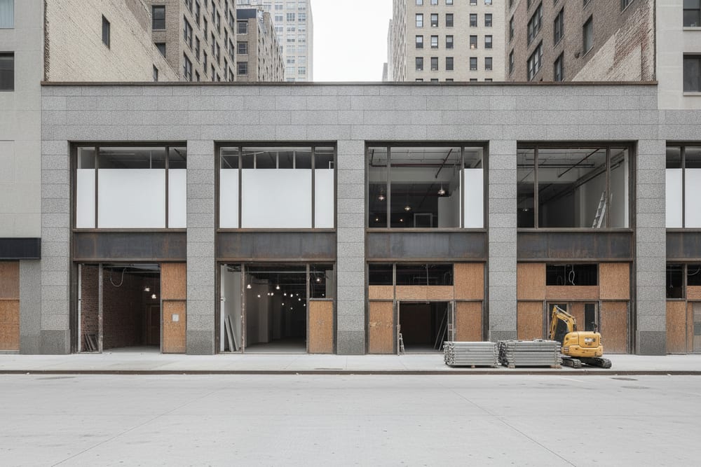 The ground floor of a Midtown commercial block stripped back and boarded during a fit-out strip-out