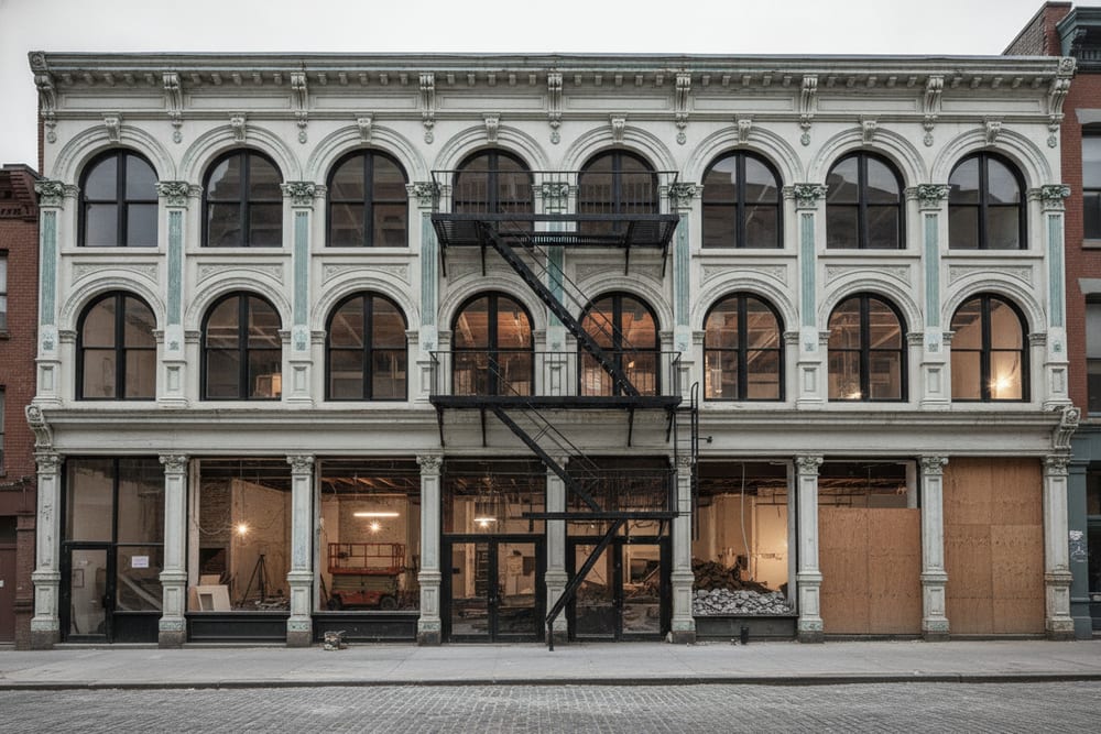 A SoHo cast-iron loft facade with tall arched windows and a front fire escape