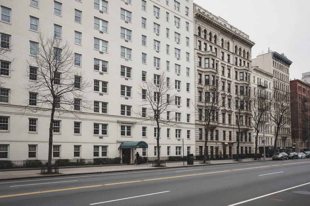 Post-war white brick and older limestone apartment houses along a wide avenue