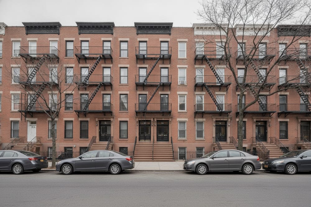 A Harlem street of pre-war brick walk-up buildings with stone stoops and fire escapes