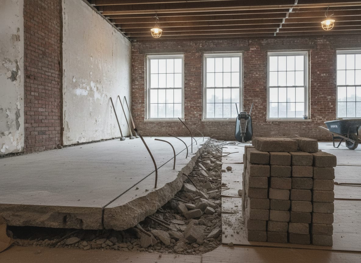 A section of interior concrete floor slab broken out, with a handheld breaker resting against the wall beside it