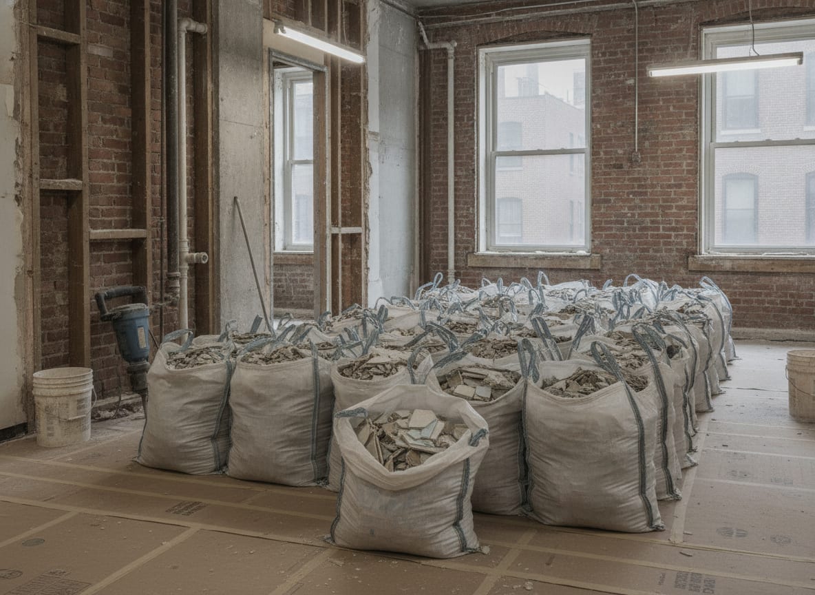 Bagged construction debris stacked on a protected floor ready to be moved out