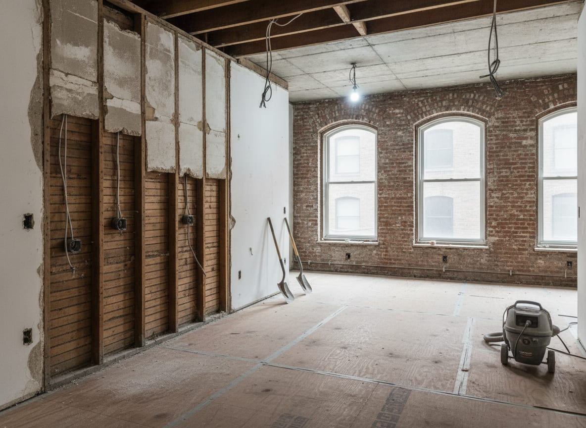 Interior of an apartment stripped back to studs with dust sheeting over a doorway