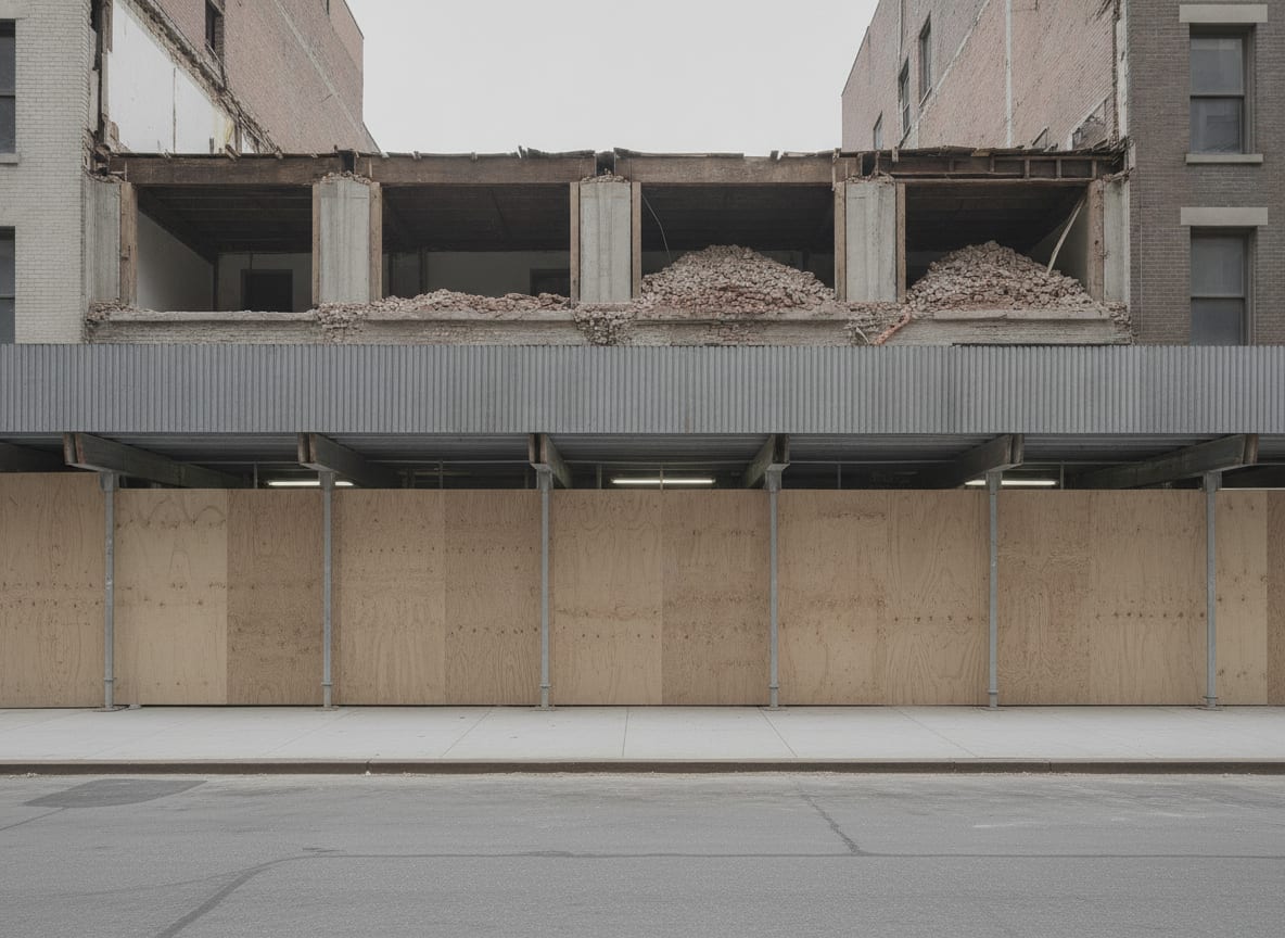 Solid plywood hoarding and an overhead sidewalk shed with the pavement kept clear beneath